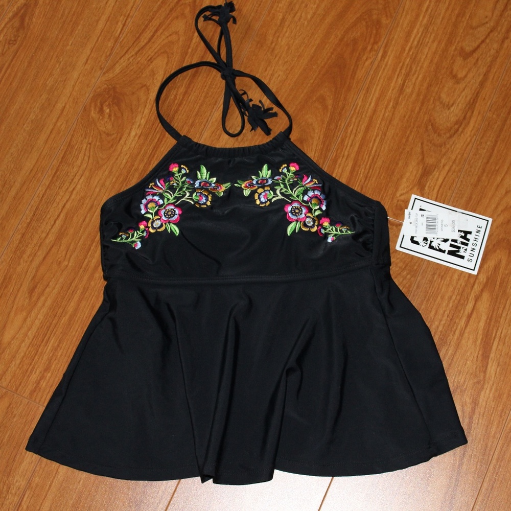 NWT Embroidered Black Strappy-back Swimtop